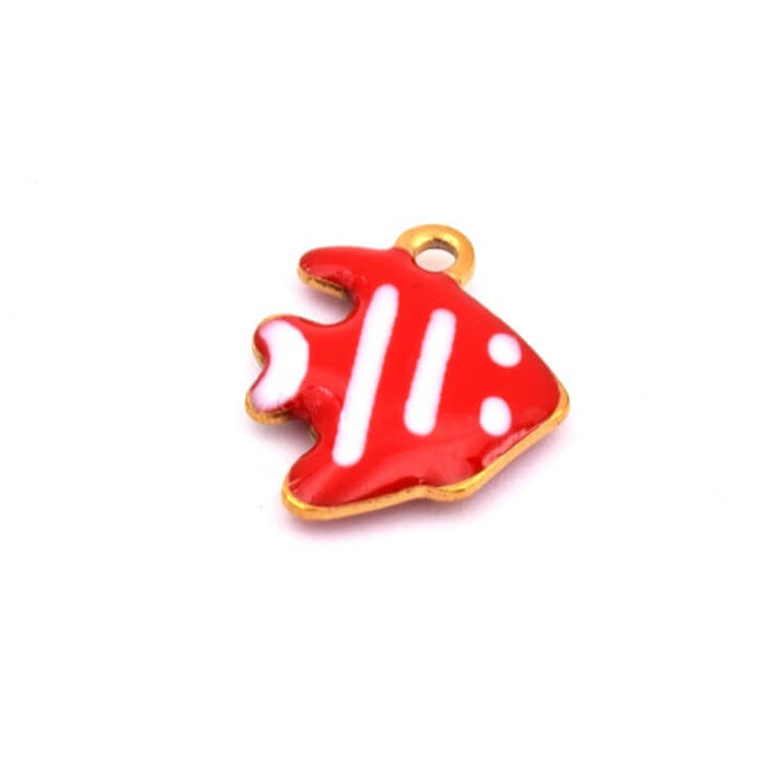 Little fish pendant with red striped white enamel - Golden steel -12mm - Hole: 1mm (1)