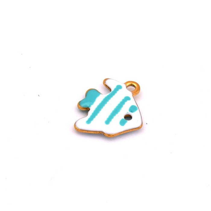 Little fish pendant with Turquoise striped white enamel - Golden steel -12mm - Hole: 1mm (1)