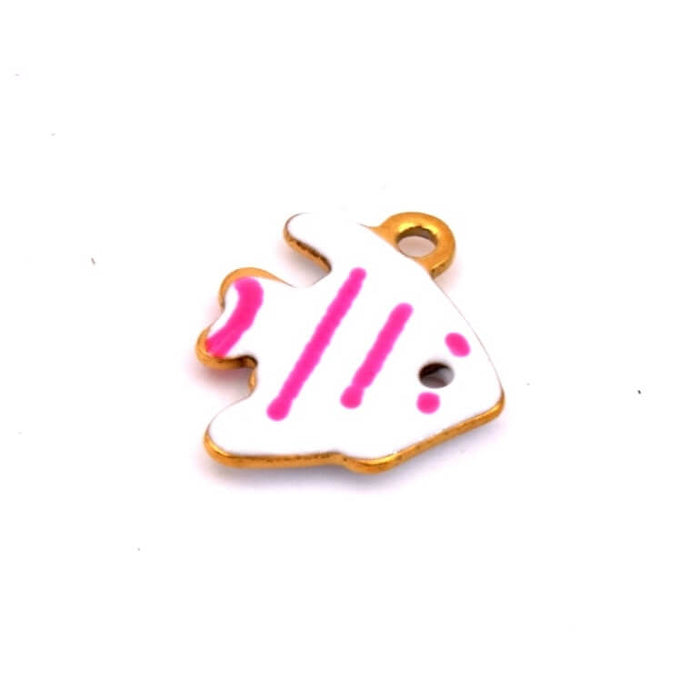 Little fish pendant with pink striped white enamel - Golden steel -12mm - Hole: 1mm (1)