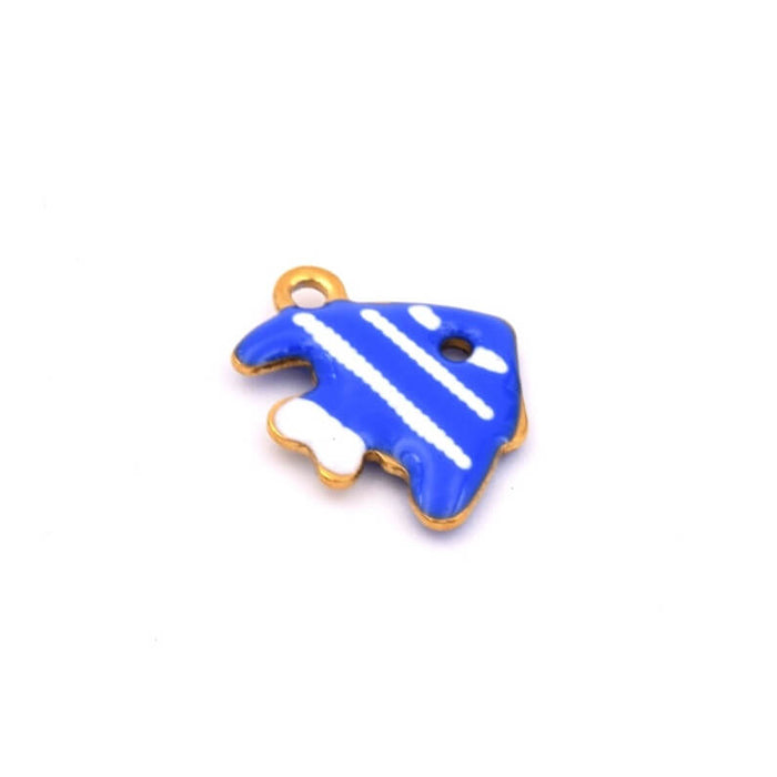 Little fish pendant with navy blue striped white enamel - Golden steel -12mm - Hole: 1mm (1)