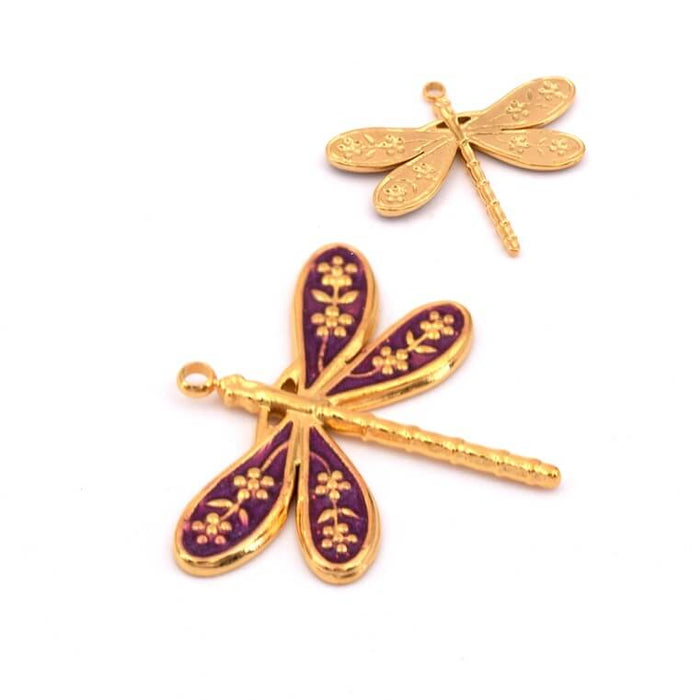Dragonfly pendant with purple enamel - Golden stainless steel 27x24mm (1)