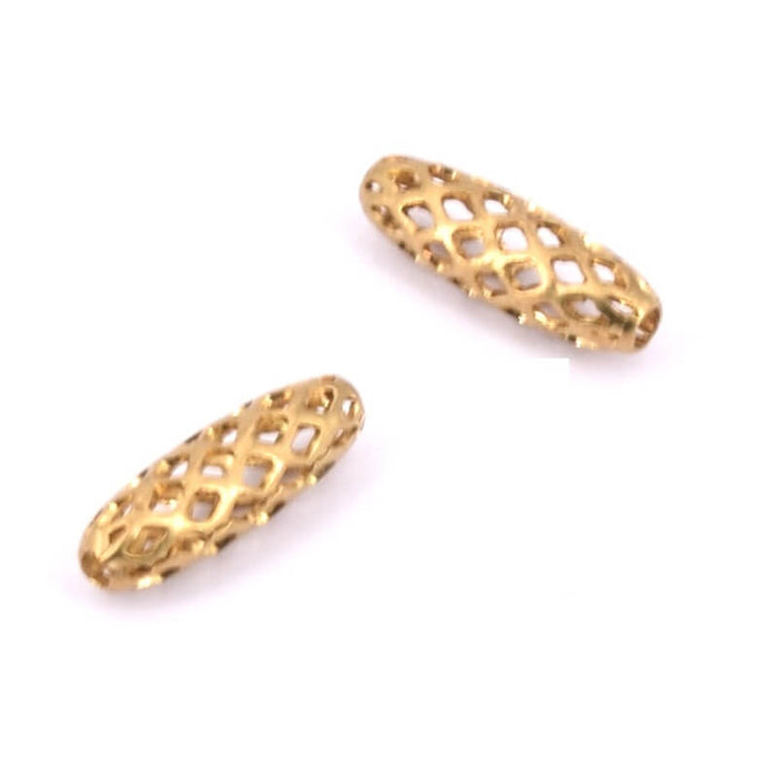 Openwork ethnic raw brass tube bead - 12x4mm - Hole: 1mm (2)