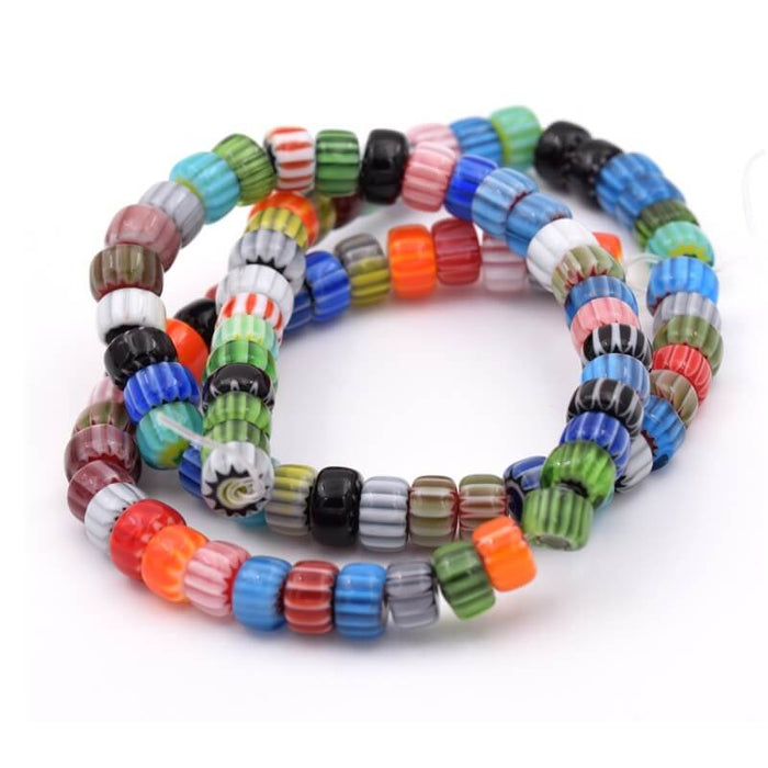 Multicolored millefiori roundel tube beads 3-4x6-7mm - Hole: 1mm - 36cm -1 strand - Rosetta chevron beads. Appx : 90 beads.