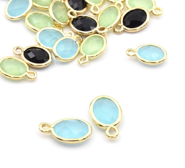 Glass pendant 9x6mm Oval Brass Gold - Blue Chalcedony (1)