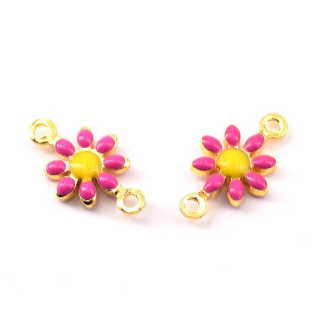 Daisy Flower Charm Connector Fushia Enamel Golden Brass 7mm (2)