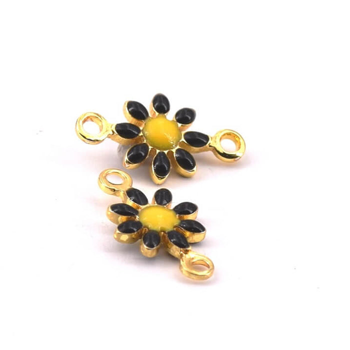 Daisy Flower Charm Connector Brass Gold Black Enamel 7mm (2)