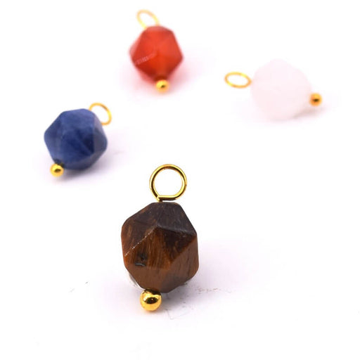 Charms Polygon Natural Agate Bead Tiger Eye - 8x9mm - Golden Brass pin (2)