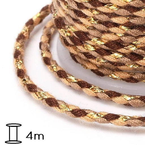 Buy Braided cotton cord Nude -brown -gold thread - 2mm (spool- 4m)