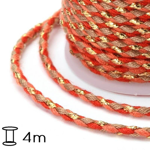 Braided cotton cord Red-Orange -gold thread - 1,5mm (spool 4m)