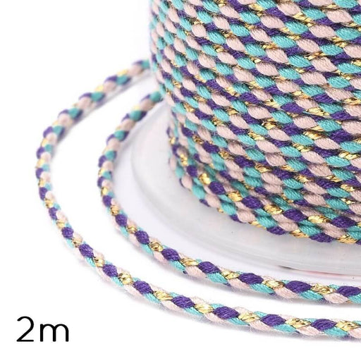 Braided cotton cord Purple -Turquoise -gold thread - 1,5mm (2m)