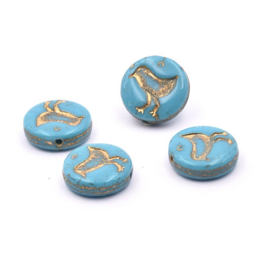 Czech pressed glass bird Turquoise Blue and Gold 12mm (4)