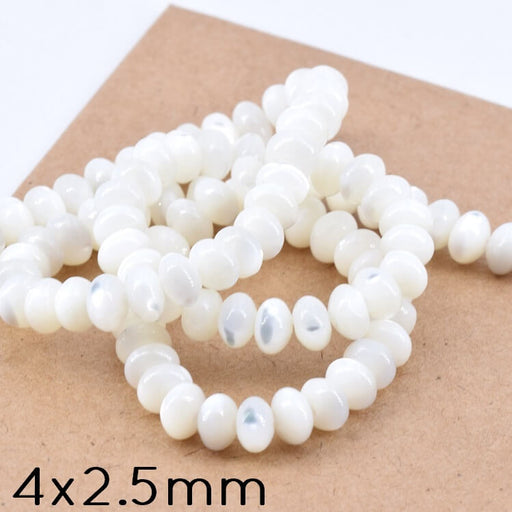 Donut rondelle white shell bead 4x2.5mm - Hole: 0.5mm (1 strand-38cm)