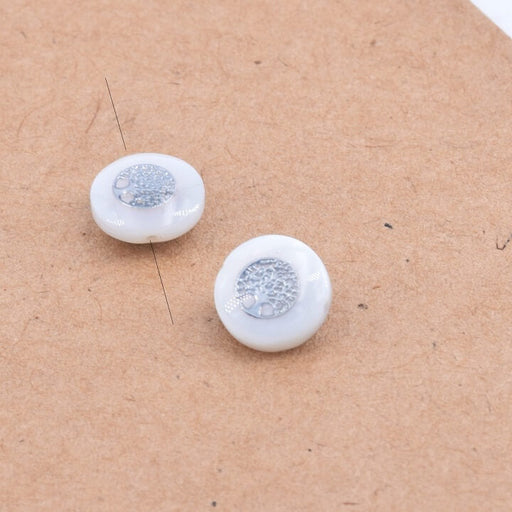 White Shell Flat Round Beads with Platinum Tree of Life 8x3mm - Hole 0.6mm (2)