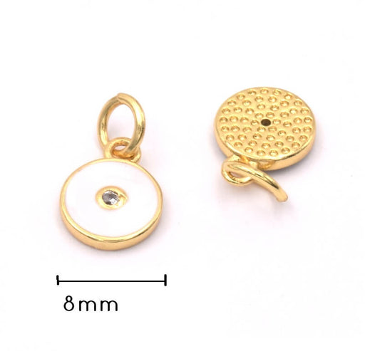 Charm, pendant gold plated 18K quality - Zircon strass-WHITE enamel 8mm (1)
