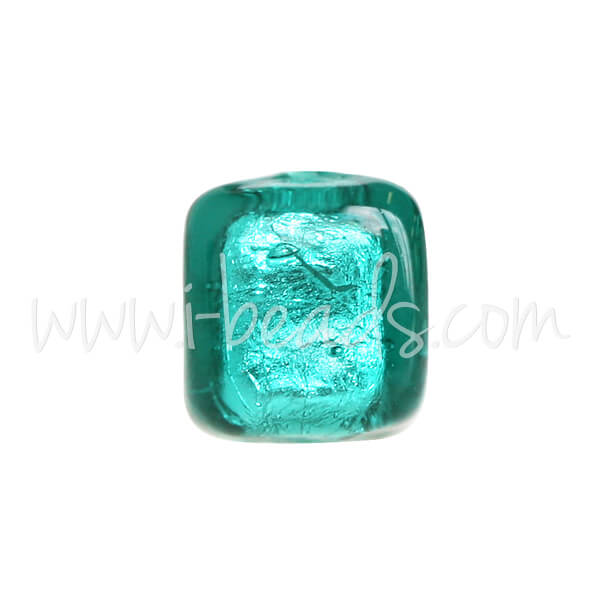 Murano bead cube emerald and silver 6mm (1)