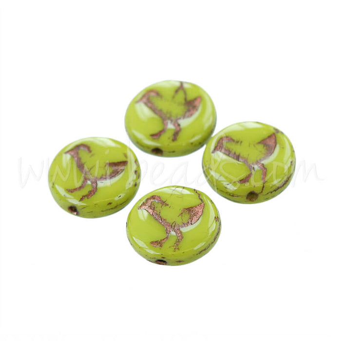 Czech pressed glass beads bird opaque green and bronze 12mm (4)