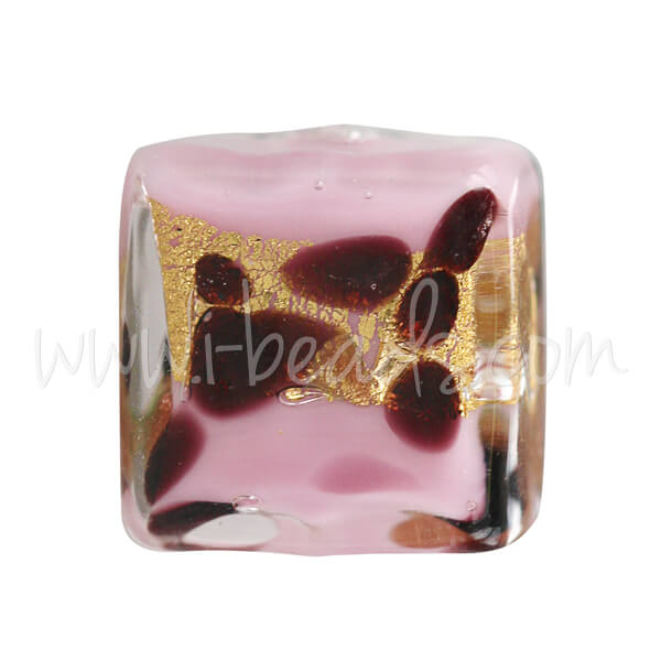 Murano bead square pink leopard 10mm (1)