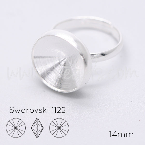 Adjustable ring cupped setting for Swarovski 1122 rivoli 14mm silver plated (1)