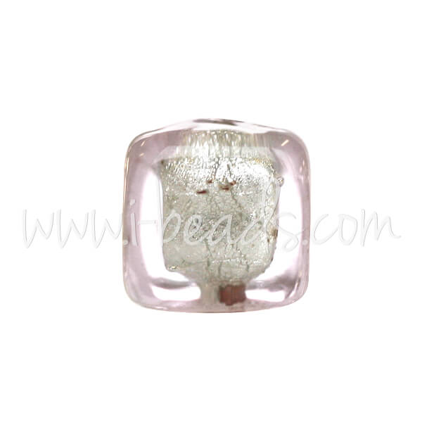 Murano bead cube crystal pale rose and silver 6mm (1)