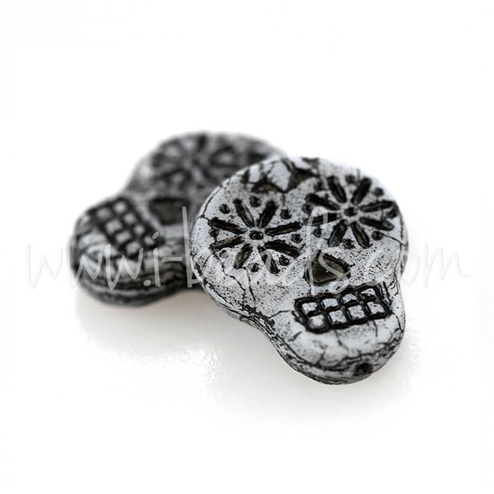 Czech pressed glass sugar skull grey and black 15x19mm (2)