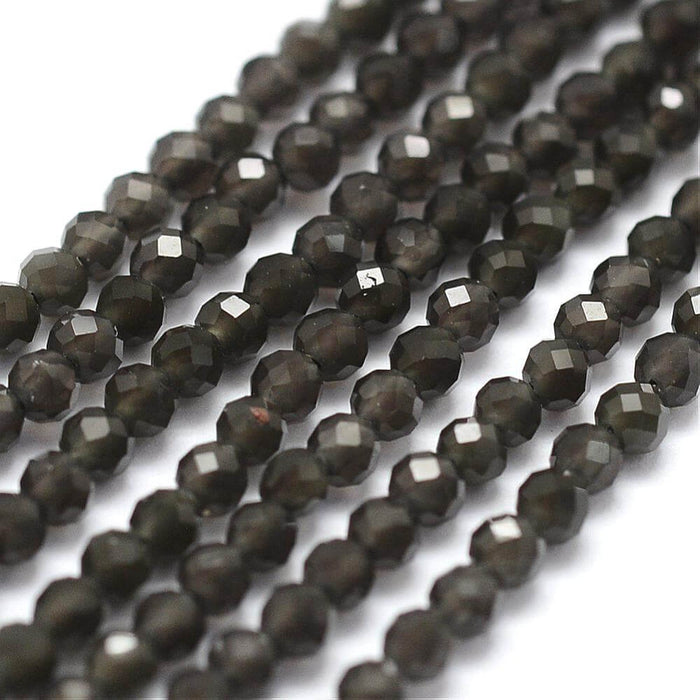 Natural Black Obsidian Beads, Faceted, 2mm , hole: 0.5mm; 175pcs/strand, (38cm) (1)