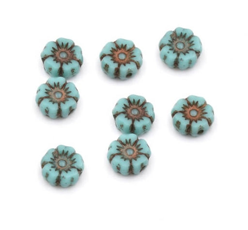 Czech pressed glass beads hibiscus flower green Turquoise with Dark Bronze 7mm (4)