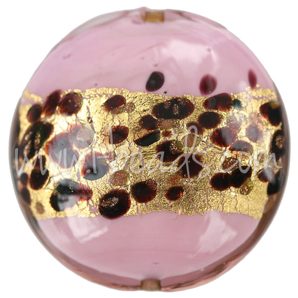 Murano bead lentil pink leopard 30mm (1)