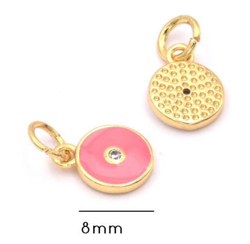 Charm, pendant gold plated 18K quality - Zircon strass-PINK enamel 8mm (1)