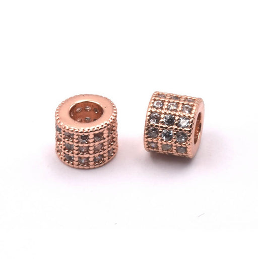 Bead, Large tube, brass rose gold plated with zircon strass 6x5mm hole : 3mm (1)