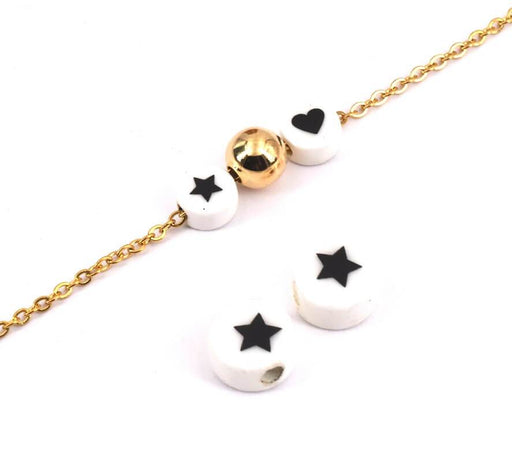 Round Porcelain Beads With Black Star 8mm, 2mm Hole