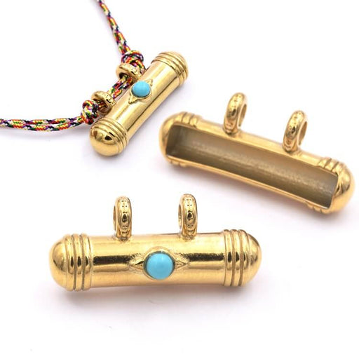 Buy Ethnic tube pendant with 2 rings Turquoise golden stainless steel 33x15mm (1)