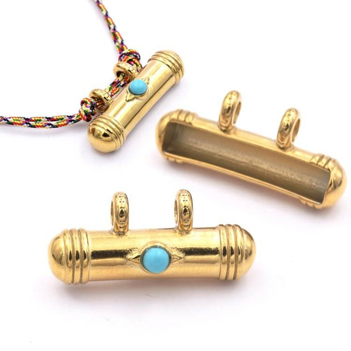 Ethnic tube pendant with 2 rings Turquoise golden stainless steel 33x15mm (1)