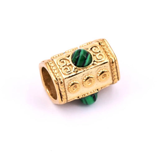 Buy Hexagonal tube bead Gold steel and green cabochons 15x13.5mm (1)