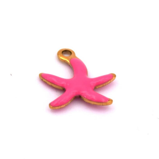 Starfish pendant with fuchsia pink enamel Golden steel - 10mm - Hole: 1mm (1)