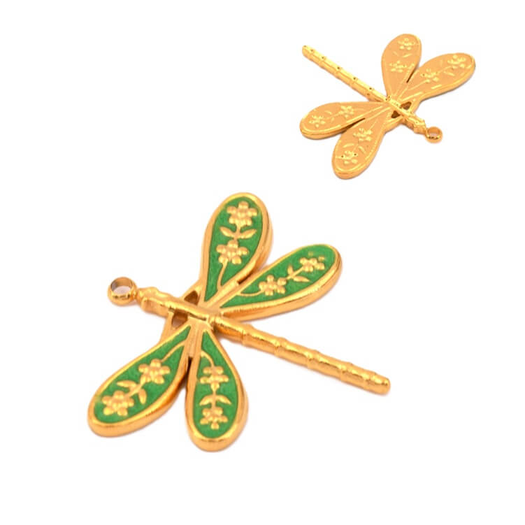 Dragonfly pendant with green enamel - Golden stainless steel 27x24mm (1)