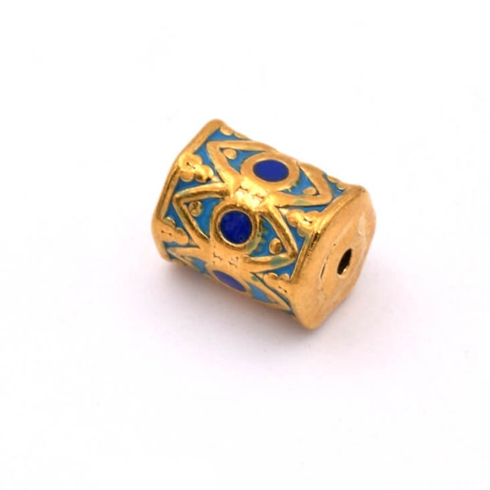 Tube bead - Golden stainless steel and blue enamel - 10x7mm - Hole: 1.2mm (1)