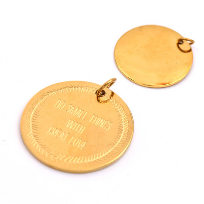 Round golden stainless steel pendant with engraved text - 17mm (1)