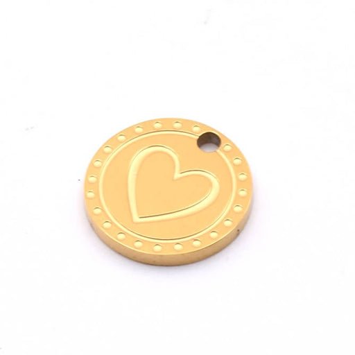 Round pendant with engraved heart - golden stainless steel -12mm - Hole: 1mm (1)