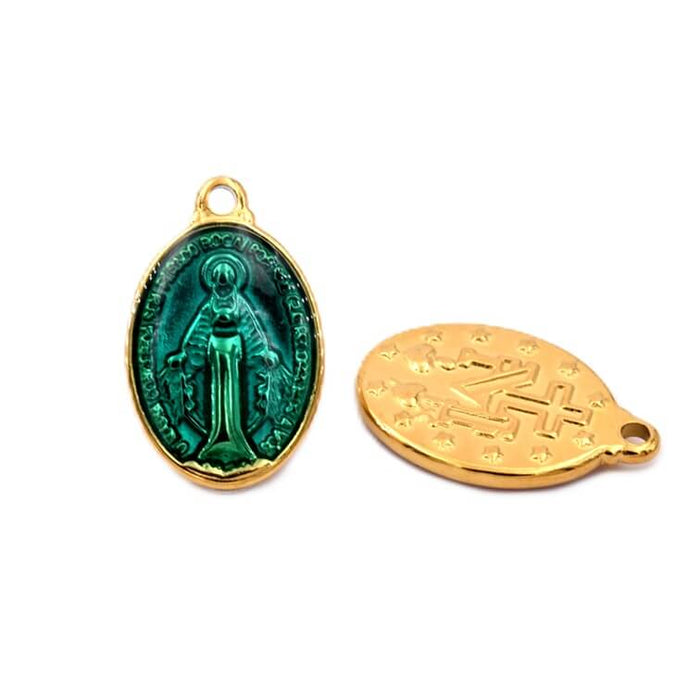 Miraculous Virgin oval medal - Green - golden long-lasting stainless steel - 17x13mm (1)