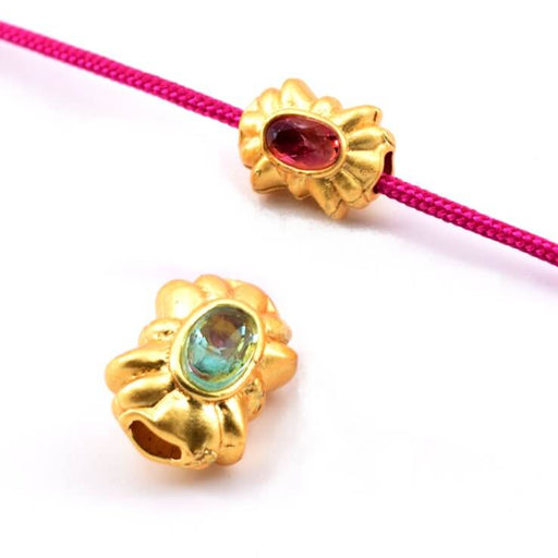 Oval bead in matte golden steel with red and green cabochon 10x8mm (1)