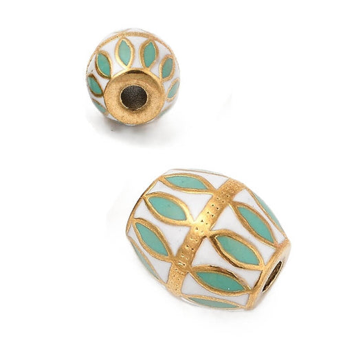 Bicone bead 15x12mm golden stainless steel with white and turquoise enamel (1)