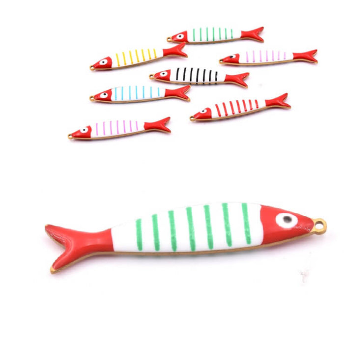 Fish pendant with green enamel stripes - Golden steel 40x8mm (1)
