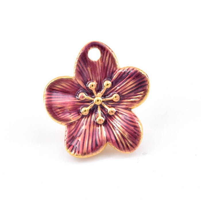 Flower pendant - Golden stainless steel and purple enamel - 24mm (1)