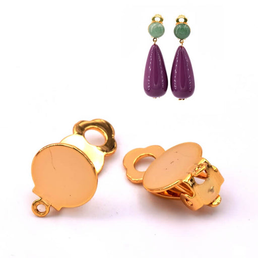 Ear clips with ring - golden brass - 10.5mm - Hole: 0.8mm (2)