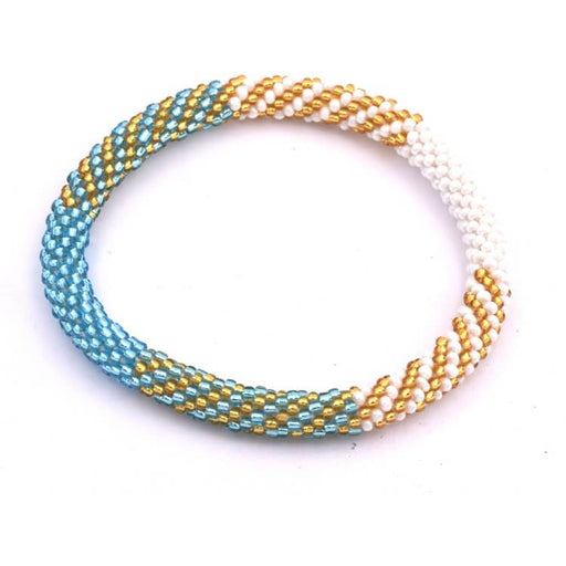 Nepalese crocheted bangle bracelet Blue, white and gold twisted 65mm (1)