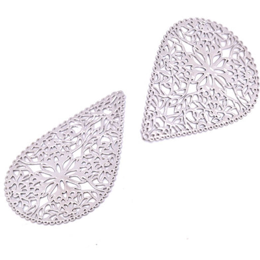 Teardrop pendant with filigram floral motif - Platinum brass - 40x26mm (2)