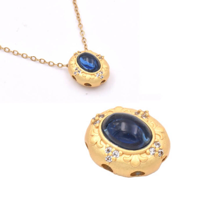 Oval bead multi-strand 12x10mm -matte golden brass - blue cabochon (1)