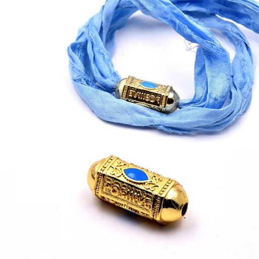 Ethnic hexagonal cylinder bead golden brass - 20x9mm- blue enamel (1)