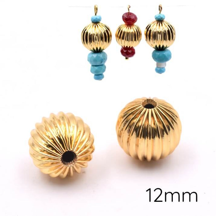 Grooved round golden brass beads - 12mm - Hole: 1.9mm (2)