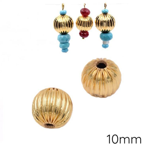 Grooved round golden brass beads - 10mm - Hole: 2mm (2)